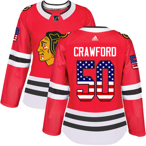 Adidas Blackhawks #50 Corey Crawford Red Home Authentic USA Flag Women's Stitched NHL Jersey
